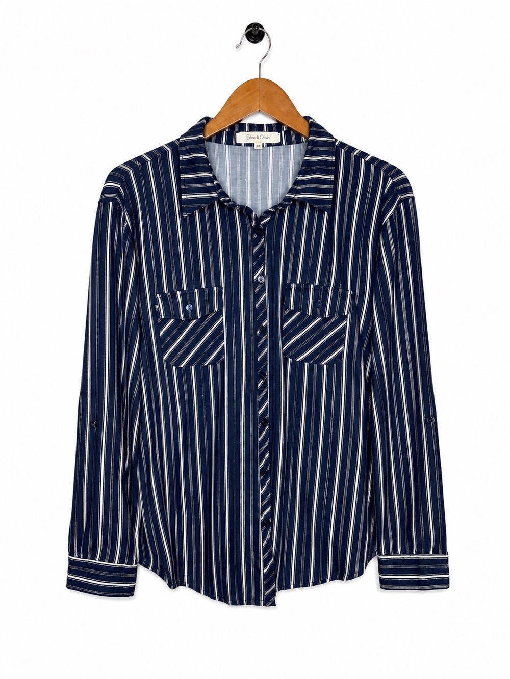 Eden & Olivia Women’s 2X Navy Blue White Striped Button Front Blouse Shirt